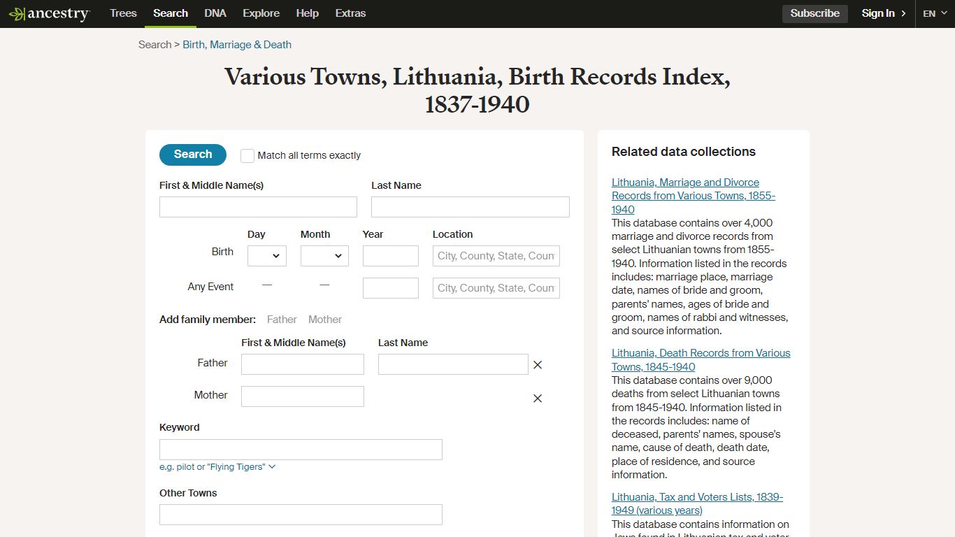 Various Towns, Lithuania, Birth Records Index, 1837-1940